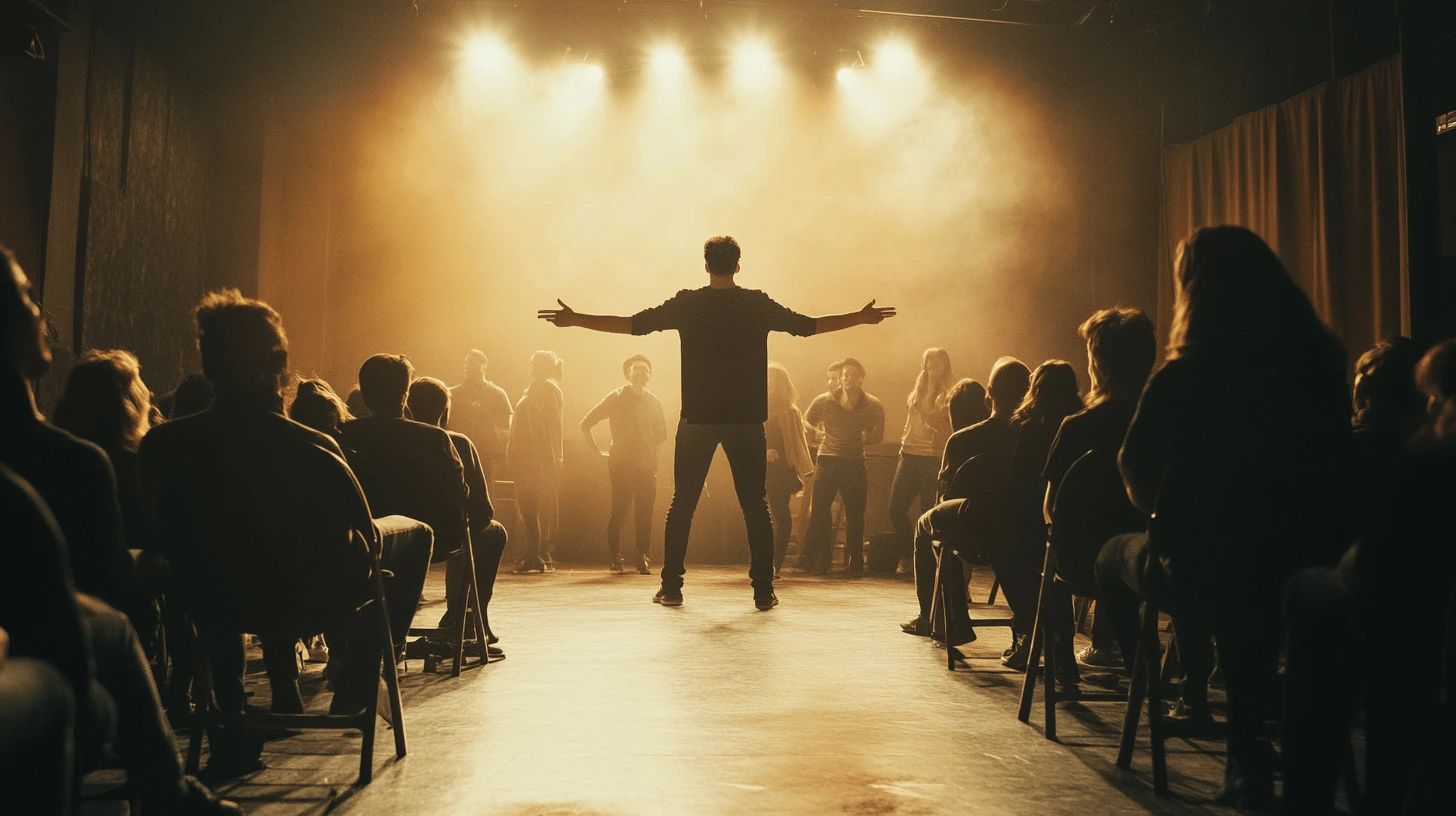 a man standing in front of a group of people hypnotizing them on stage