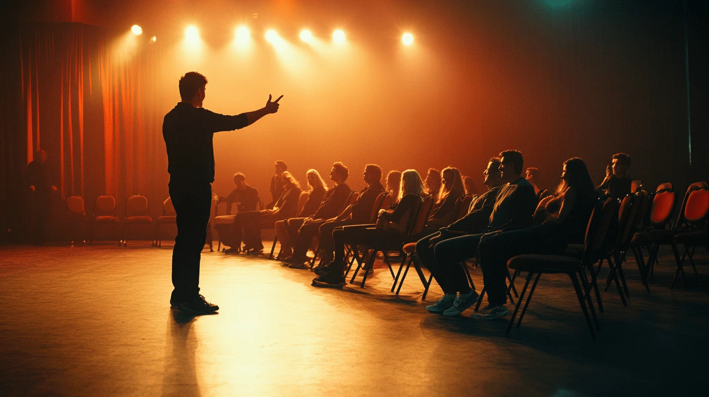 a man standing in front of a group of people hypnotizing them on stage