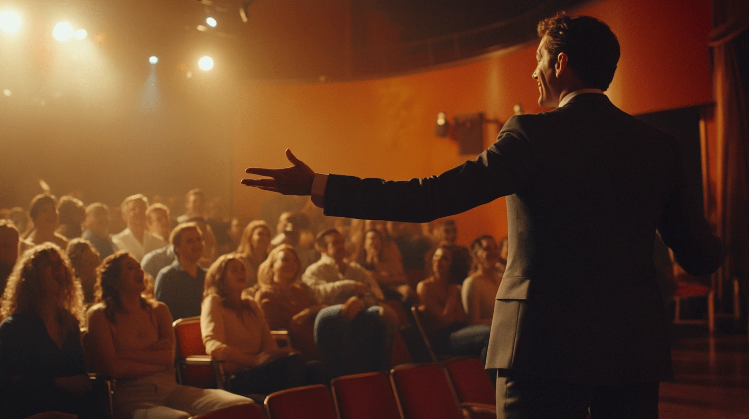 a well dressed man in a suit standing performing on stage a hypnosis stage show in front of a group of people laughing.