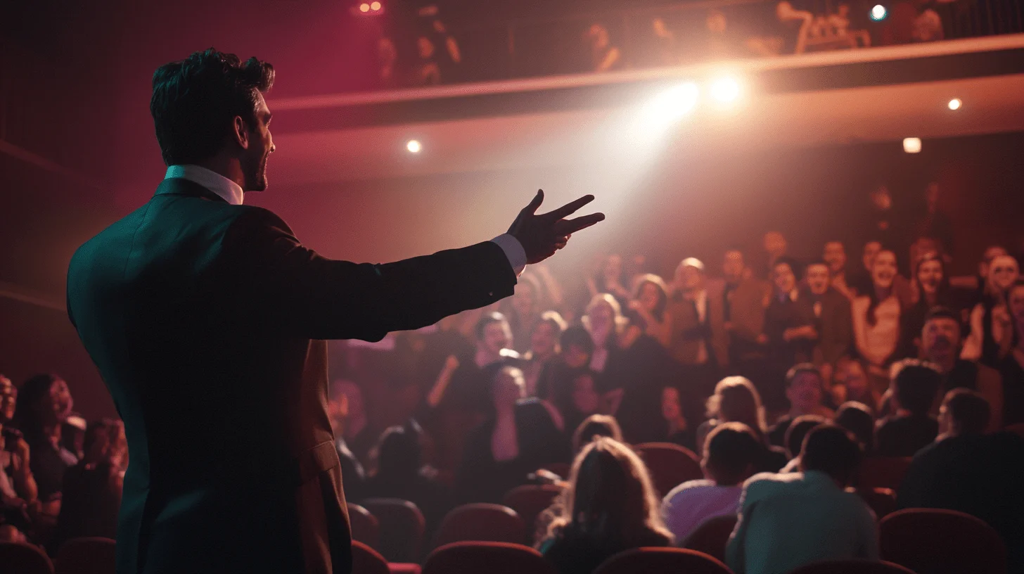 a well dressed man in a suit standing and pointing into the crowd while performing on stage a hypnosis stage show in front of a group of people laughing.