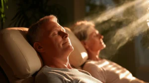 an older man and woman couple lying on hypnosis tables relaxing and going through a regression hypnotherapy session together.