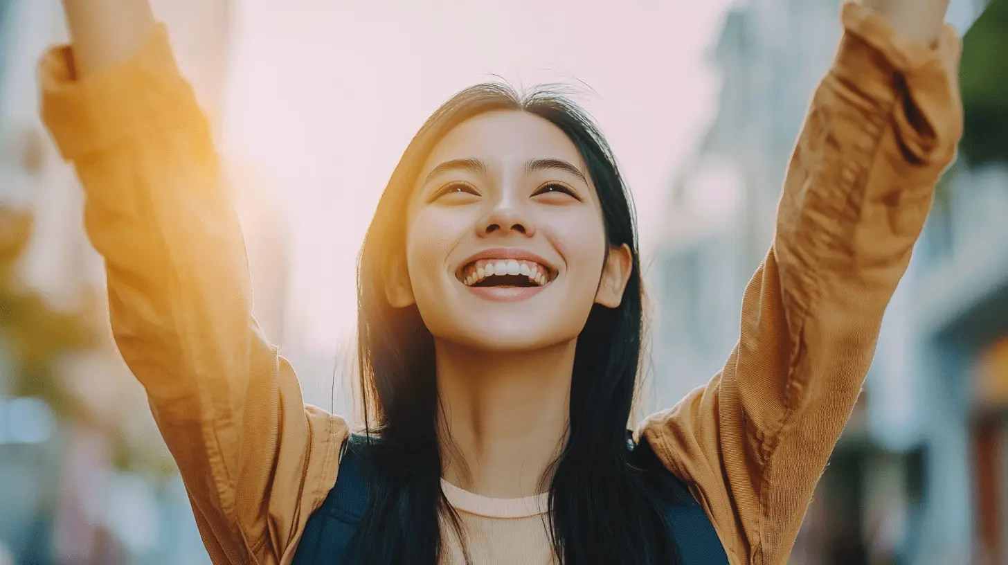 a pretty Asian woman with long black hair and white teeth smiling to the sky with her arms up