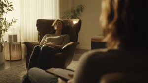 a woman in focus in the distance with her eyes closed lying on a comfortable plush chair couch deep in hypnosis with her hypnotherapist out of focus in the foreground