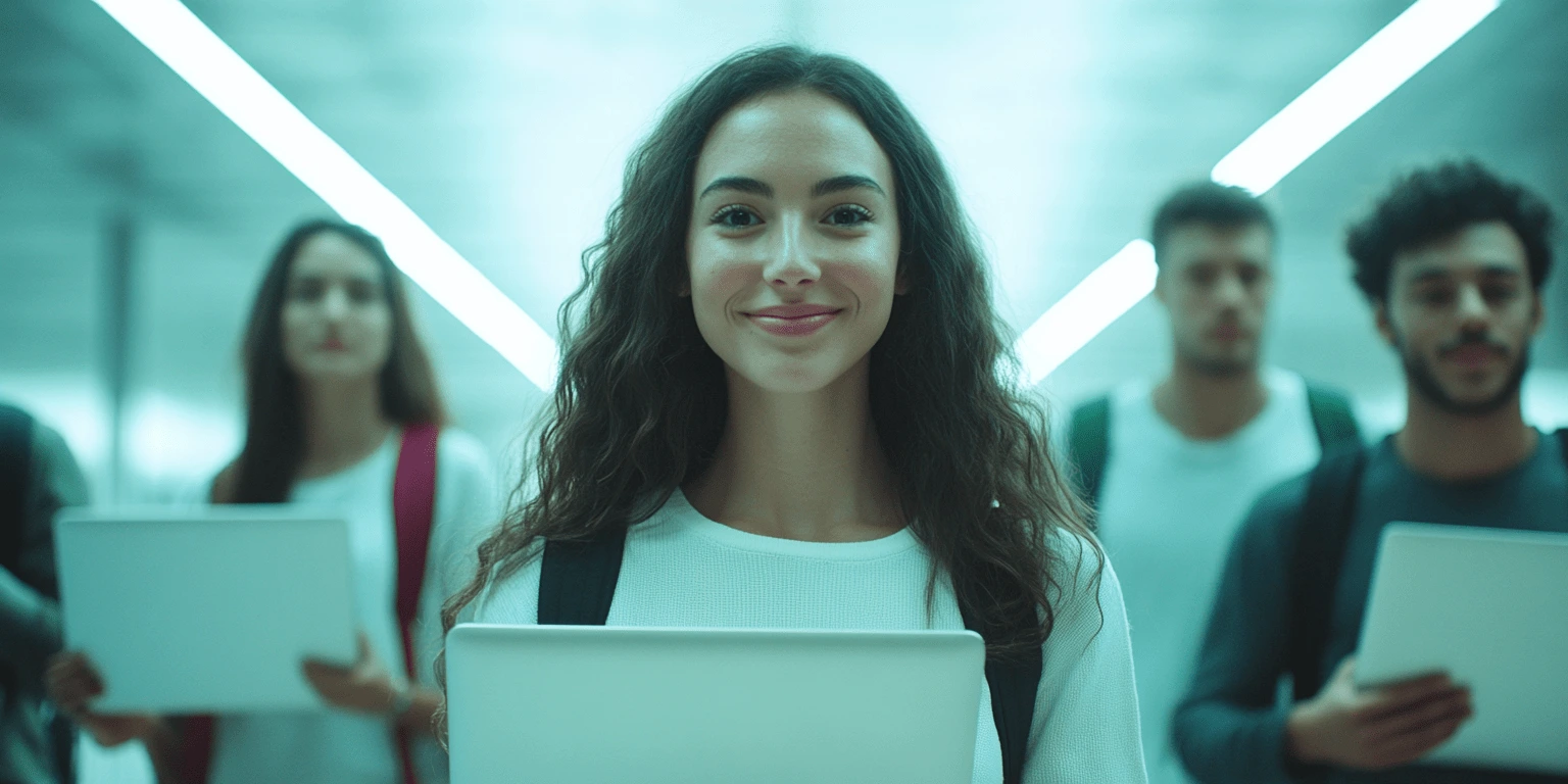 a long haired brunette woman smiling at camera holding a laptop in focus with four other students behind her also holding laptops out of focus.