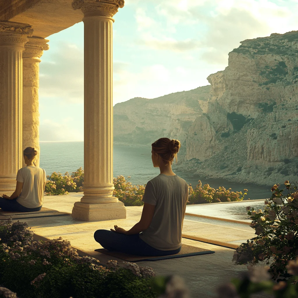 two women sitting on the ground near a body of water in front of the Parthenon