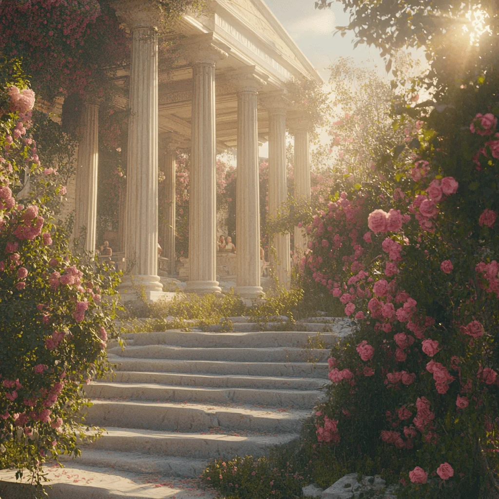 a stone steps leading to a building with columns and pink flowers