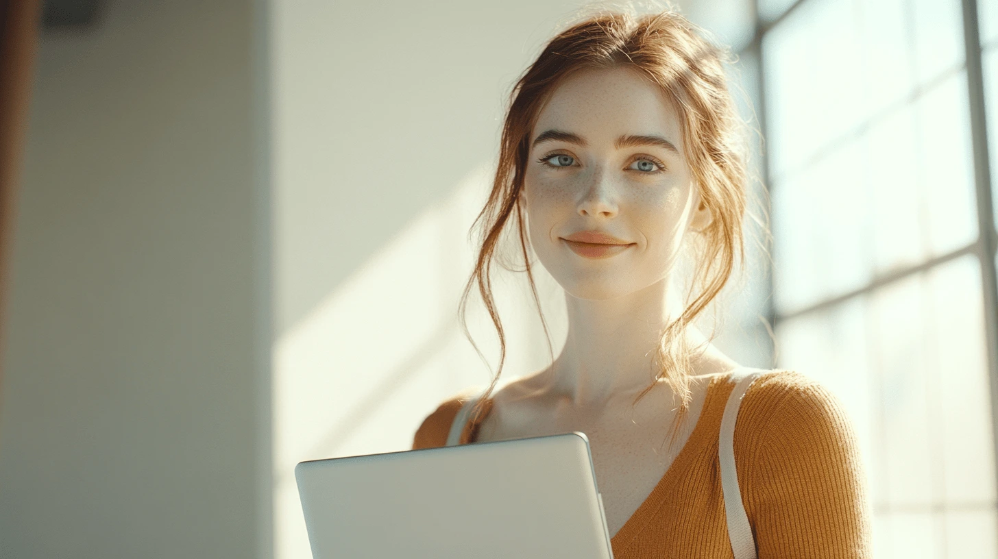 a young pretty red headed blue eyed young woman smiling at camera holding a laptop